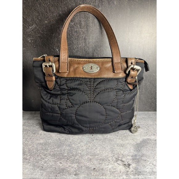 Fossil Key Per Black Quilted Brown Trimmed Carry on Crossbody Shoulder Bag - Picture 1 of 14